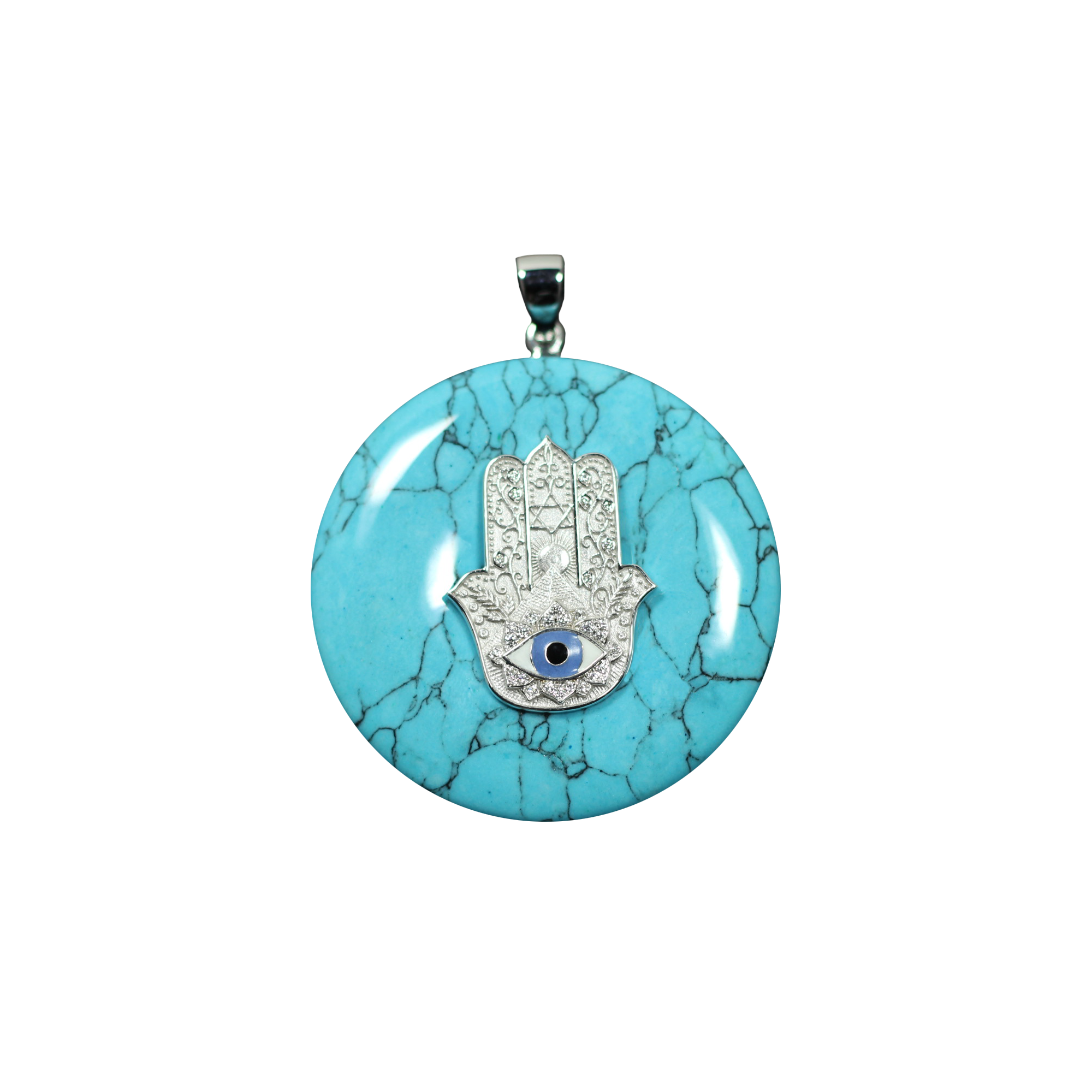 18 kt white gold with white diamonds Hamsa Hands with Blue Howlite toroid Crystal
