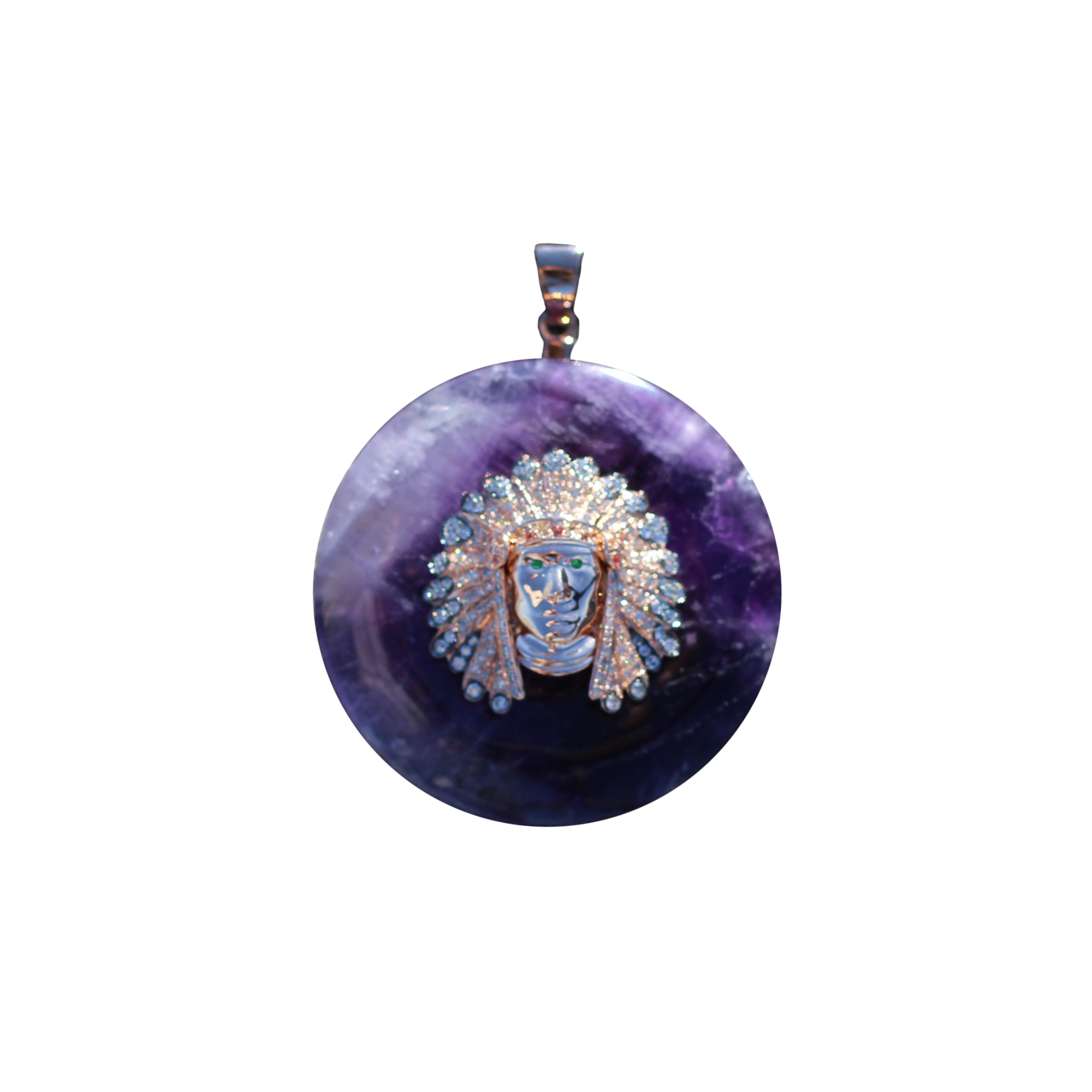 18 kt rose gold with white, champagne and silver diamonds Native American Indian Headdress with Amethyst Crystal toroid